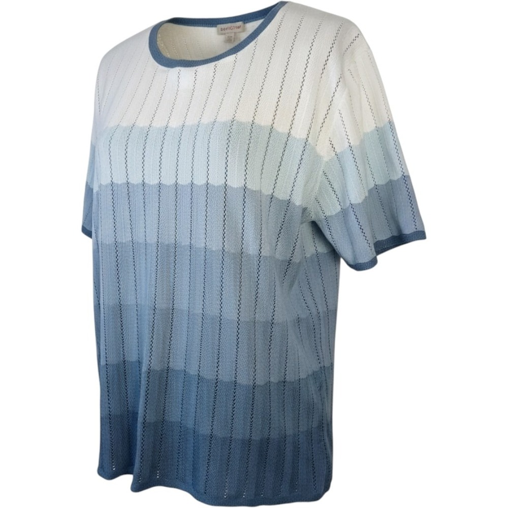 Alfred Dunner Womens XL Blue White Ombre Pointelle Knit Short Sleeve Top